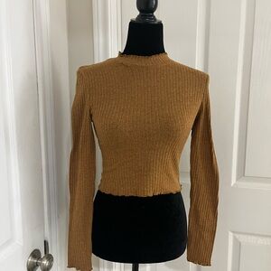 SHEIN Ribbed Long Sleeve Mock Neck Top in Camel Brown